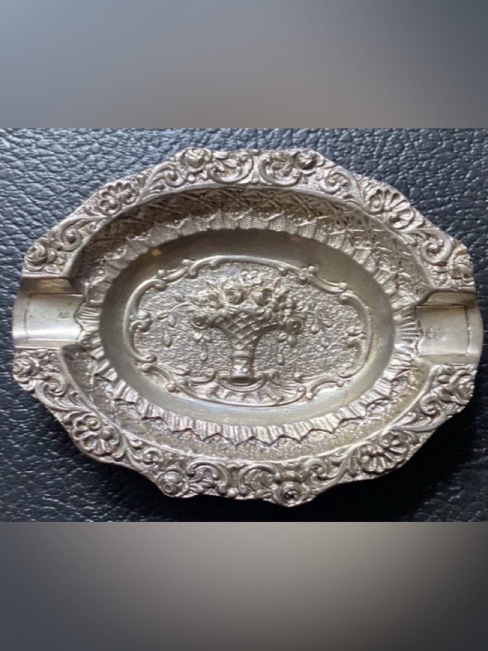 Vintage 800 Silver Ornate Rococo Ashtray  Tray Repousse Italian German Dish